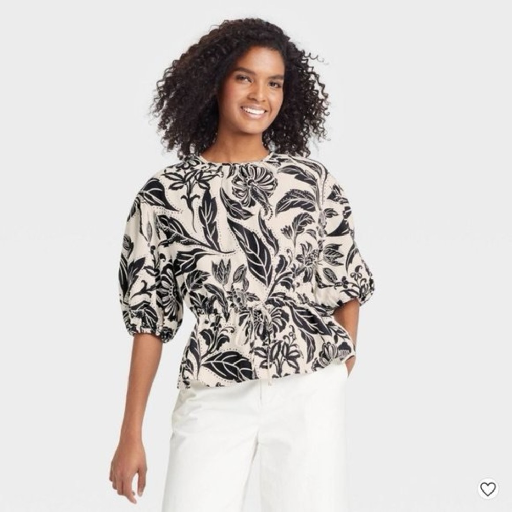 Who What Wear Cream Black Floral Linen Puff Sleeve Sinch Waist Top Size Medium